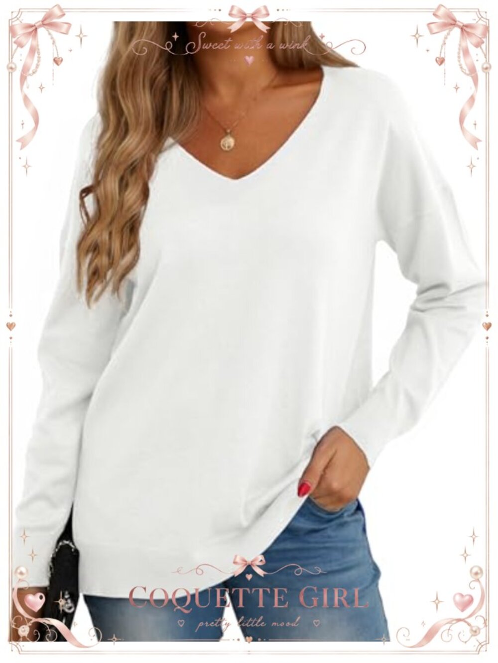 Womens Loose V Neck Long Sleeve Knit Pullover Sweater Side Split